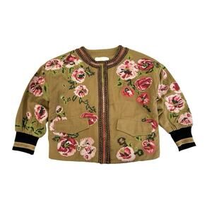 Anthropologie Needlepoint Floral Bomber Jacket Size 2XS Petite Khaki Beige Twill